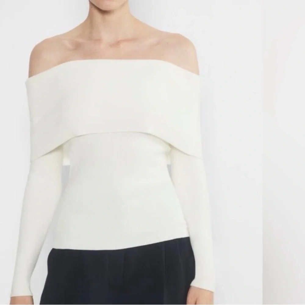 Aritzia Wilfred Nola Off The Shoulder Cream White Ribbed Knit Sweater Size Large - Picture 2 of 10